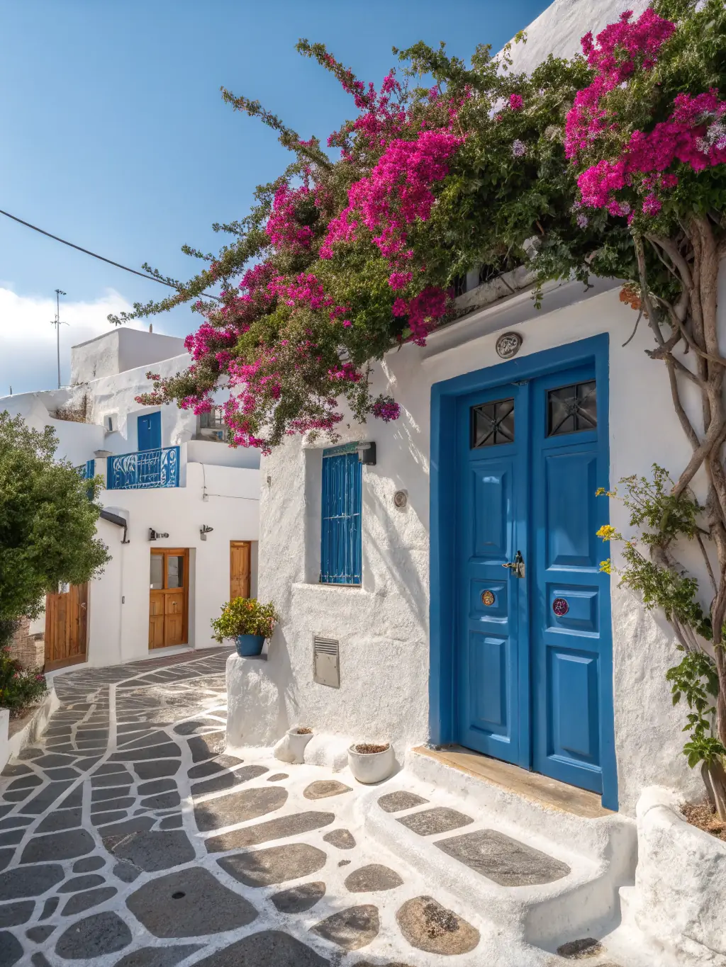 A traditional Greek house with a blue door and white walls, located in a picturesque village, showcasing the traditional residential properties available through Hellenic Heights.